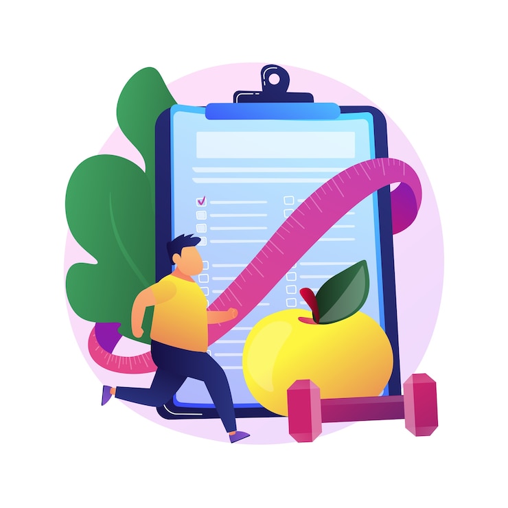 Vecteur gratuit plan d'entraînement. personnage de dessin animé en forme. développement musculaire, perte de graisse, fitness. homme faisant des exercices d'haltérophilie avec des haltères et en cours d'exécution.