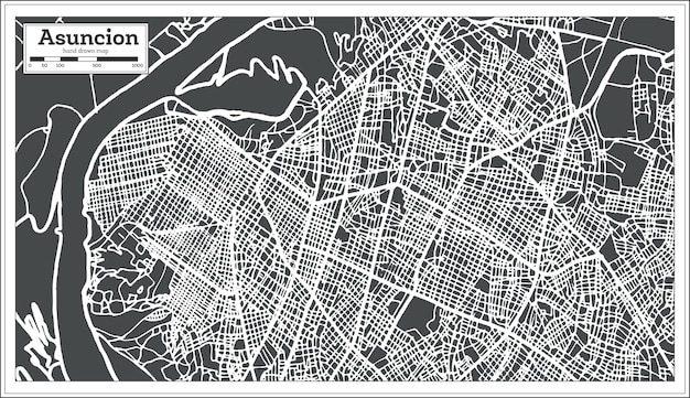 Plan de la ville d'asuncion paraguay dans un style rétro. carte muette. illustration vectorielle.