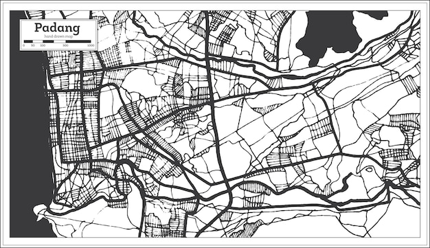 Plan de la ville de padang indonésie en couleur noir et blanc. carte muette. illustration vectorielle.