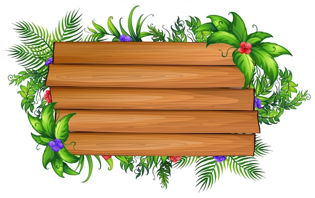 Vecteur gratuit planche de bois avec des feuilles vertes et des fleurs colorées