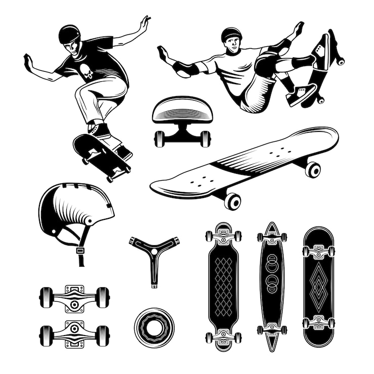 Vecteur gratuit planche à roulettes gravure dessinée à la main sertie de personnes engagées dans des sports extrêmes et différentes planches à roulettes illustration vectorielle isolée