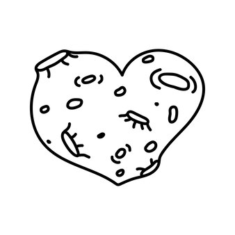 Une planète en forme de cœur dans un style doodle. dessin vectoriel de contour d'un objet spatial. astéroïde, planète de l'amour