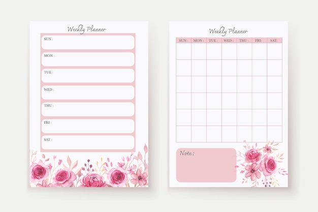 Vecteur gratuit planificateur hebdomadaire de fleurs aquarelle rose tendre et modèle de liste de tâches