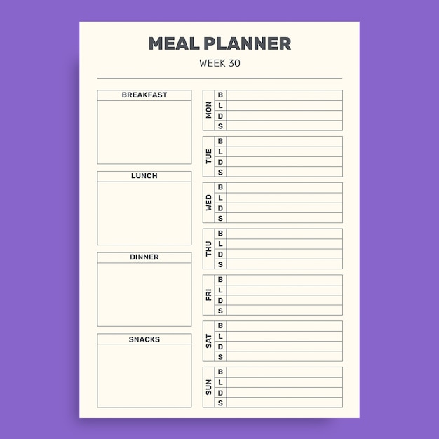 Vecteur gratuit planificateur de menus simple de la semaine 30