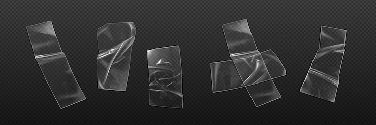 Vecteur gratuit plastique transparent ruban adhésif papier autocollant vecteur bande de colle ruban adhésif réaliste superposition de texture 3d isolé collant cellophane froissé ensemble utilisé coupé rectangle scotch pièce maquette modèle