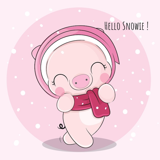 Vecteur gratuit plat mignon petit cochon animal heureux avec illustration de neige pour les enfants. personnage de cochon mignon