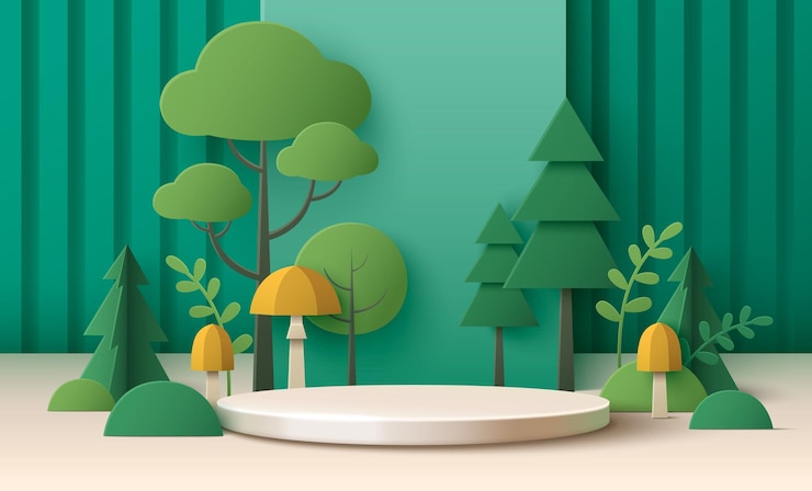 Vecteur gratuit plate-forme cylindrique entourée d'une forêt coupée en papier