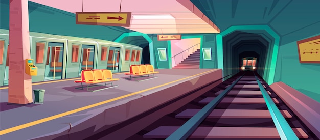 Plate-forme de métro vide avec les trains qui arrivent