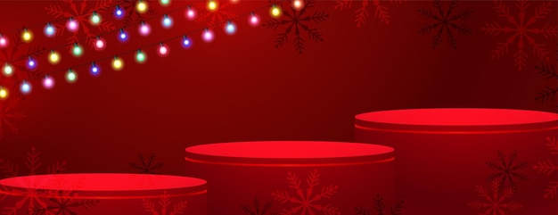 Vecteur gratuit plate-forme de podium 3d sur bannière rouge joyeux noël avec guirlande lumineuse