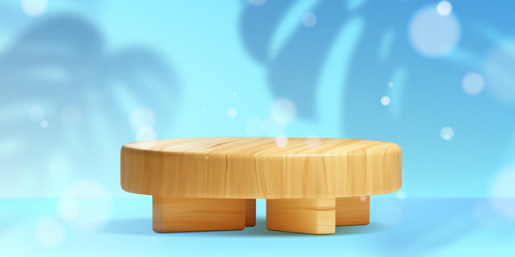Vecteur gratuit plate-forme ronde en bois 3d sur fond bleu