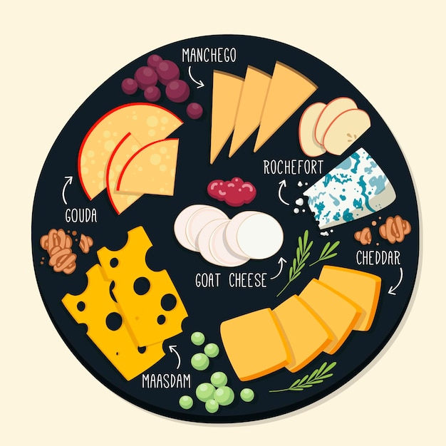 Plateau de fromages dessiné à la main illustré