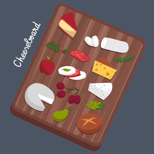 Vecteur gratuit plateau de fromages gourmet dessiné à la main sur planche de bois