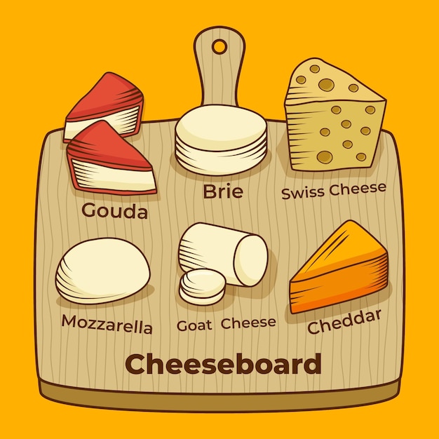 Vecteur gratuit plateau de fromages d'illustration dessiné à la main avec des noms