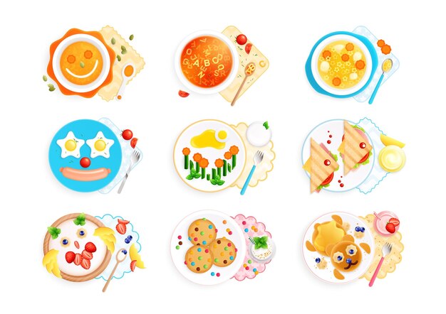 Vecteur gratuit plats enfantins plats de conception de plats avec des compositions isolées de nourriture servie sur des assiettes drôles de visages illustration vectorielle