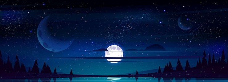 Vecteur gratuit la pleine lune dans le ciel nocturne avec des étoiles et des nuages au-dessus des arbres et l'étang reflétant la lumière des étoiles