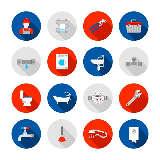 Plomberie service douche baignoire et évier vidange installation outils icônes définies illustration abstraite solide isolé vector