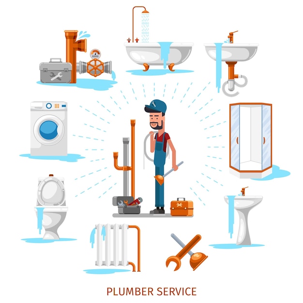 Vecteur gratuit plombier ou ingénieur d'entretien aux travaux de plomberie. service de réparation, illustration