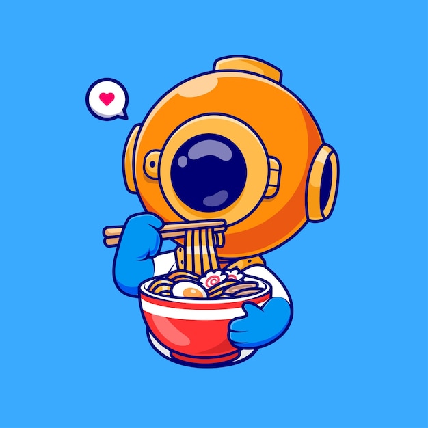 Vecteur gratuit plongeur mignon mangeant des nouilles ramen dessin animé vecteur icône illustration science nourriture icône concept isolé