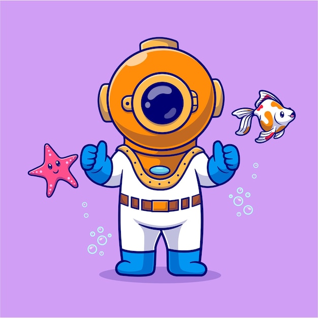 Vecteur gratuit plongeur mignon nageant avec des étoiles de mer et des poissons dessin animé vecteur icône illustration science animal isolé