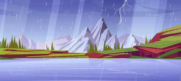 Pluie Et éclairs Au Paysage Naturel De Montagne Avec étang D'eau Pics Enneigés Herbe Verte Sur Les Rochers Et Les Conifères Fond De Dessin Animé Avec Temps D'orage Sur La Vue Du Paysage Du Lac Illustration Vectorielle