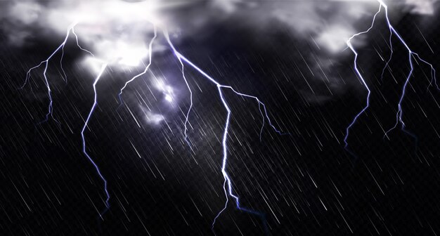 Pluie avec éclairs et nuages dans le ciel la nuit