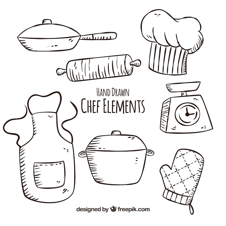 Vecteur gratuit plusieurs articles de chef dessinés à la main