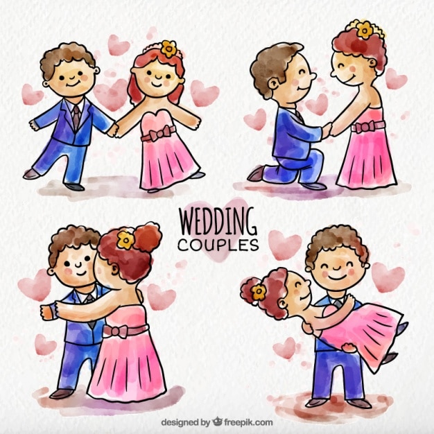 Vecteur gratuit plusieurs couples de jeunes mariés aquarelle