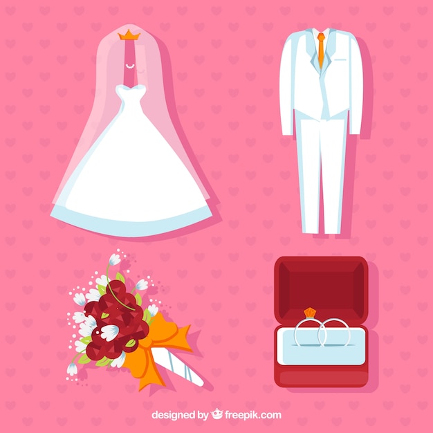 Vecteur gratuit plusieurs éléments de mariage en conception plate