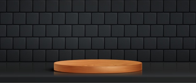 Vecteur gratuit podium 3d pour l'affichage de produits sur le fond du mur de la cuisine plate-forme en bois en cercle vide sur table et carreaux noirs moderne modèle avec base en bois dans la salle de bain illustration réaliste vectorielle