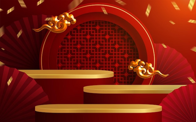 Podium 3d rond, podium de scène carré et art du papier nouvel an chinois, festivals chinois, festival de la mi-automne, papier rouge découpé, éventail, fleur et éléments asiatiques avec style artisanal sur fond.