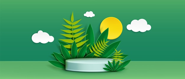 Podium D'affichage De Produits Verts 3d Avec Plante à Feuilles