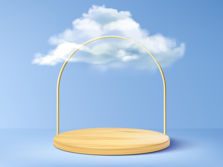 Vecteur gratuit podium en cylindre en bois avec un nuage moelleux blanc