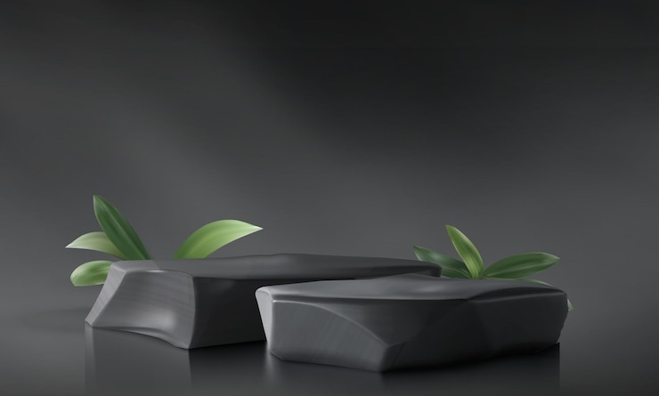Vecteur gratuit podium en pierre 3d pour l'affichage de produits cosmétiques arrière-plan support en roche de beauté minimale pour salle de bain vitrine avec scène de feuilles vertes présentation de soins de la peau noire moderne abstraite design d'intérieur zen