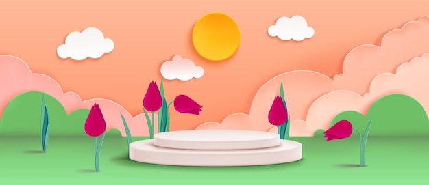 Vecteur gratuit podium de produit dans un paysage découpé en papier avec des tulipes