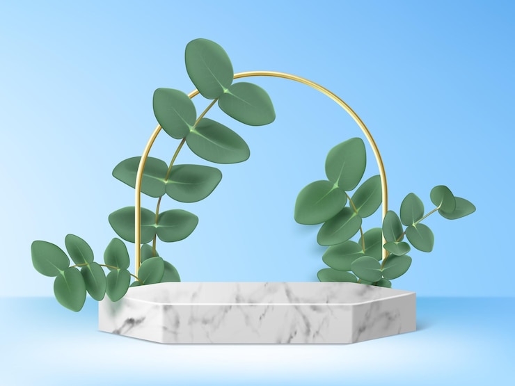 Vecteur gratuit podium de produit en marbre avec des branches de feuilles vertes