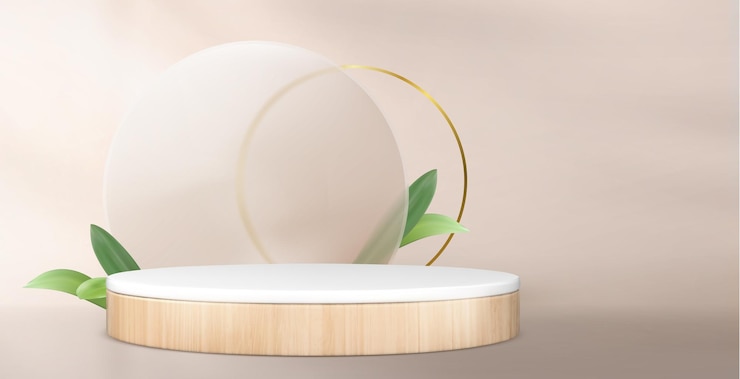 Vecteur gratuit podium rond en bois avec des feuilles vertes