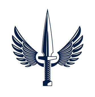 Poignard avec logo vectoriel ailes ou emblème isolé sur un symbole de style vintage couteau ailé blanc.
