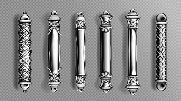 Poignées de porte en argent de style baroque, boutons de colonne oriental luxueux ornés classiques isolés sur l'espace transparent