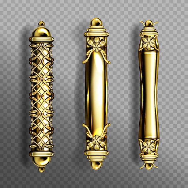 Vecteur gratuit poignées de porte en or de style baroque, boutons de colonne orientale luxueux ornés classiques isolés sur fond transparent. boutons de porte dorés vintage, décor à la maison de bijoux en métal jaune, 3d réaliste