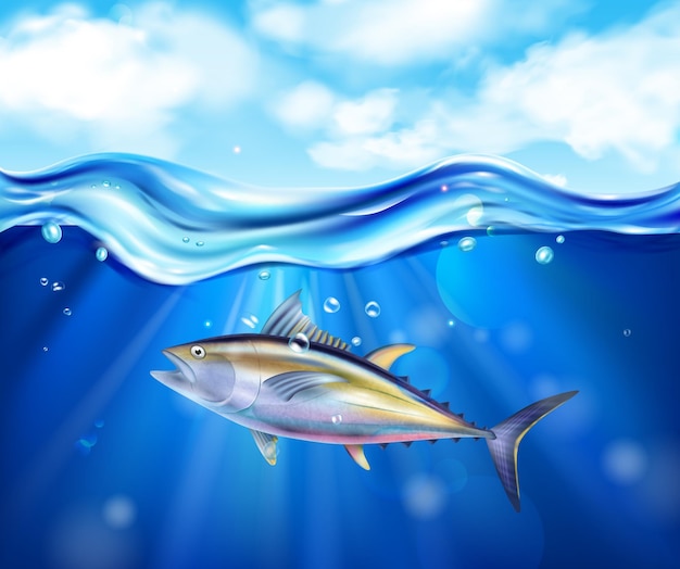 Poisson de composition de mer de thon réaliste et coloré nageant dans l'illustration vectorielle sous-marine de l'océan