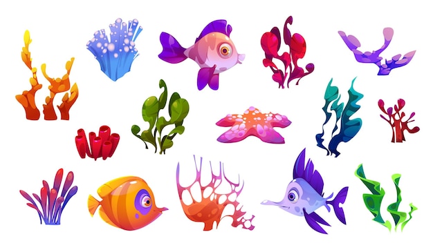 Vecteur gratuit poissons des fonds marins et algues ensemble isolé sur fond blanc illustration vectorielle de dessin animé de récif corallien étoile de mer plantes exotiques flore sous-marine colorée et espèces de faune éléments de conception d'aquarium