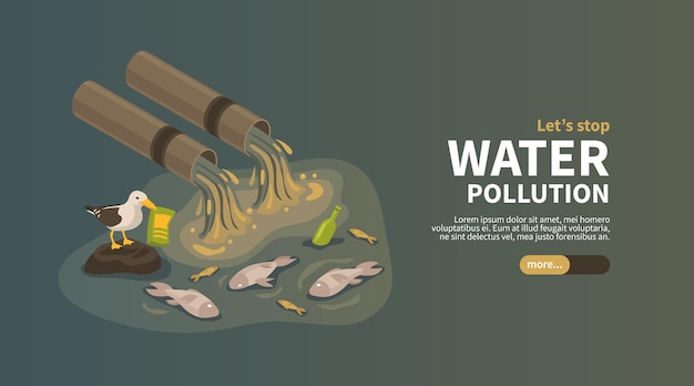 Vecteur gratuit pollution de l'eau par la bannière web horizontale de l'industrie avec des tuyaux industriels polluant l'océan avec des déchets