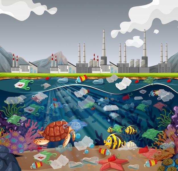 Vecteur gratuit pollution de l'eau avec des sacs en plastique dans l'océan