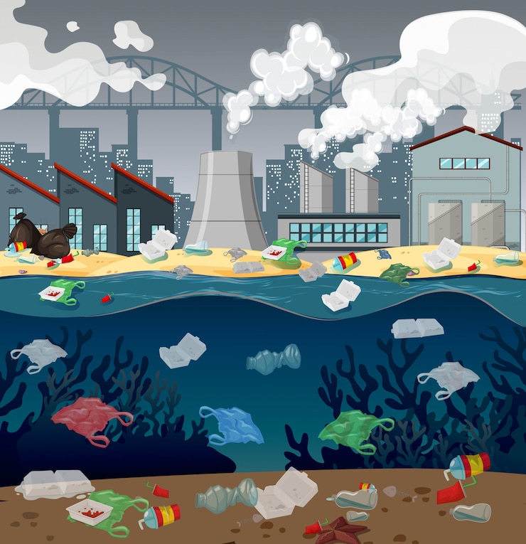 Vecteur gratuit pollution de l'eau avec des sacs en plastique en rivière