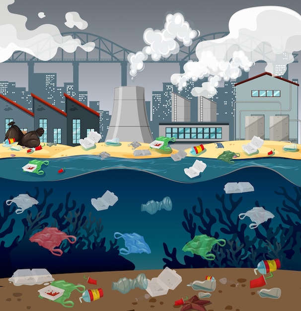 Pollution de l'eau avec des sacs en plastique en rivière