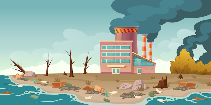 Vecteur gratuit pollution écologique, tuyaux d'usine émettant de la fumée