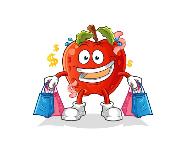 Pomme avec mascotte de magasinage de vers. vecteur de dessin animé