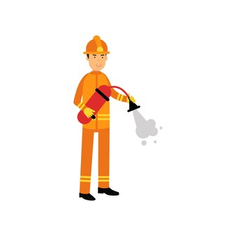 Pompier en uniforme orange et casque de protection, pulvérisation de mousse à partir d'un extincteur. officier de pompier au travail. personnage masculin de secouriste. héros de la ville. illustration vectorielle isolée sur blanc.