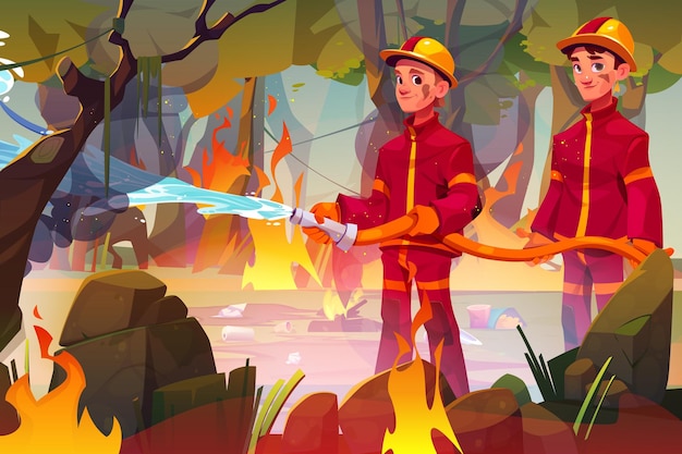 Vecteur gratuit des pompiers avec un tuyau éteignant un incendie dans la forêt illustration de dessin animé vectoriel de deux personnages masculins en uniforme versant de l'eau sur un incendie causé par un feu de camp et des ordures laissées sur la clairière fumée dans l'air