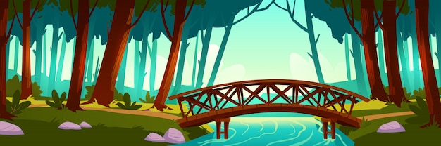 Vecteur gratuit pont en bois traversant la rivière en forêt